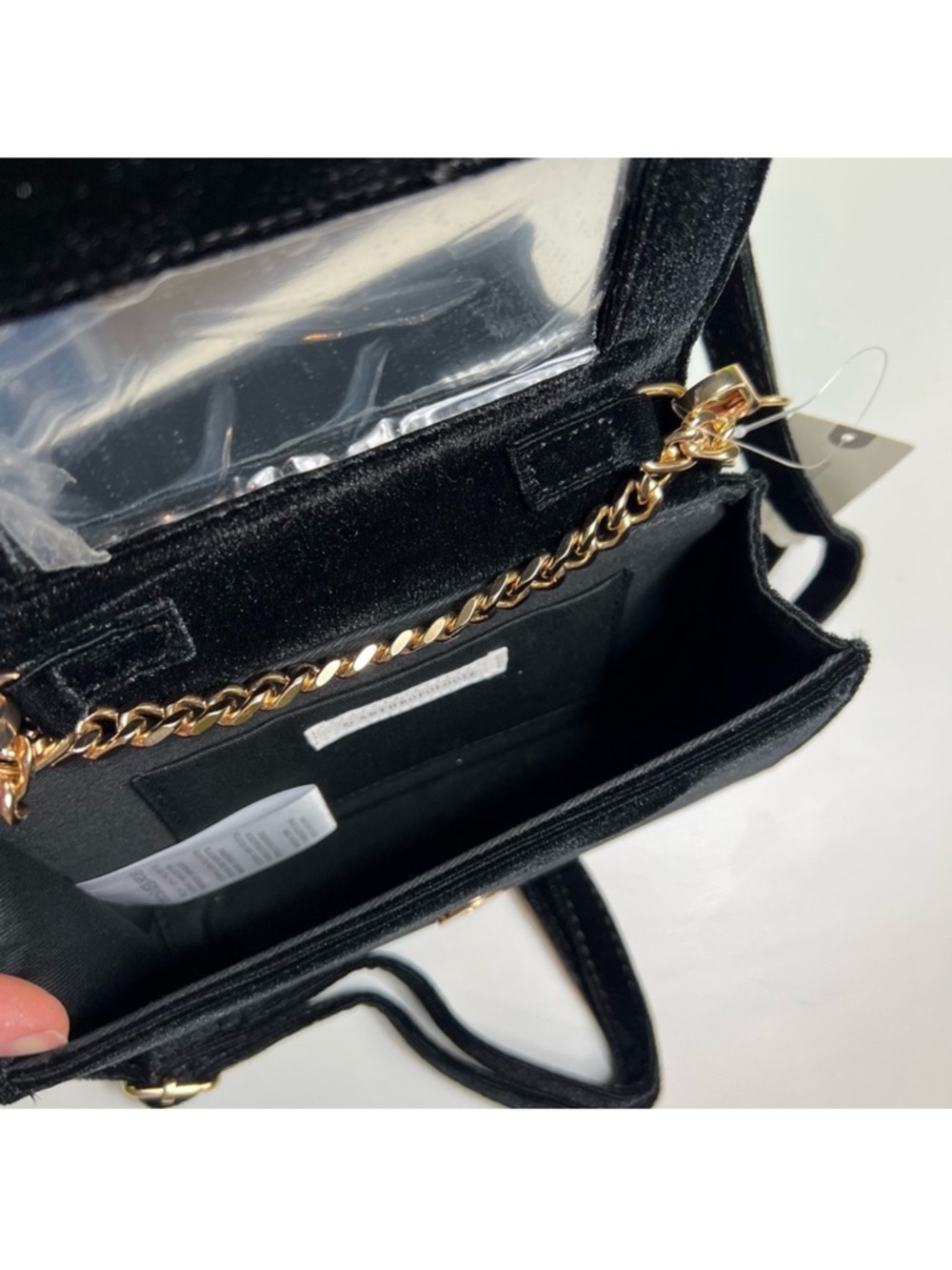 Anthropologie black velvet mini purse gold tone chain NWT - Picture 10 of 10